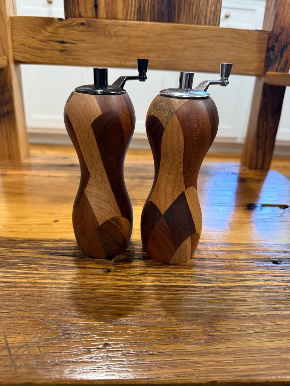Hand Crafted Two-Tone Brown Wood Salt and Pepper Mills
